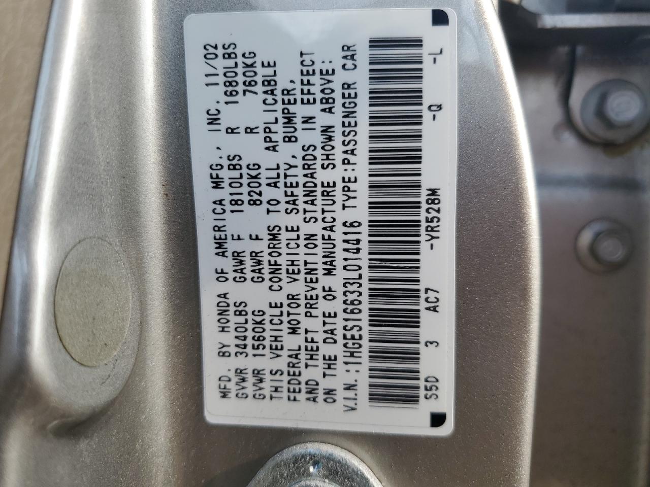 2003 Honda Civic Lx VIN: 1HGES16633L014416 Lot: 69105864