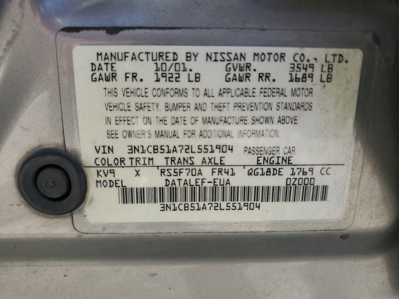 3N1CB51A72L551904 2002 Nissan Sentra Gxe