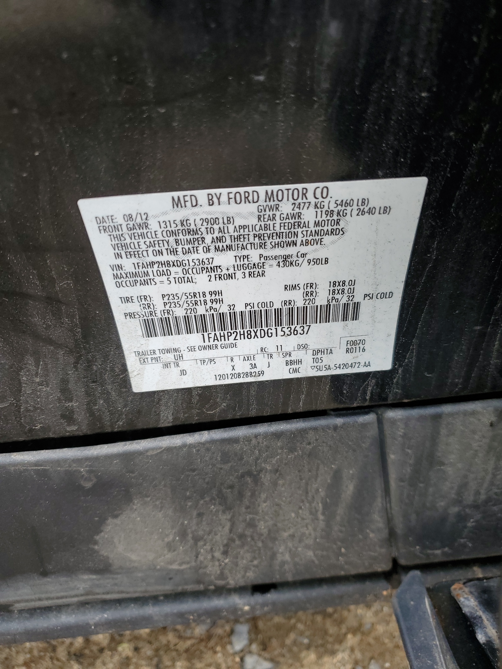 1FAHP2H8XDG153637 2013 Ford Taurus Sel