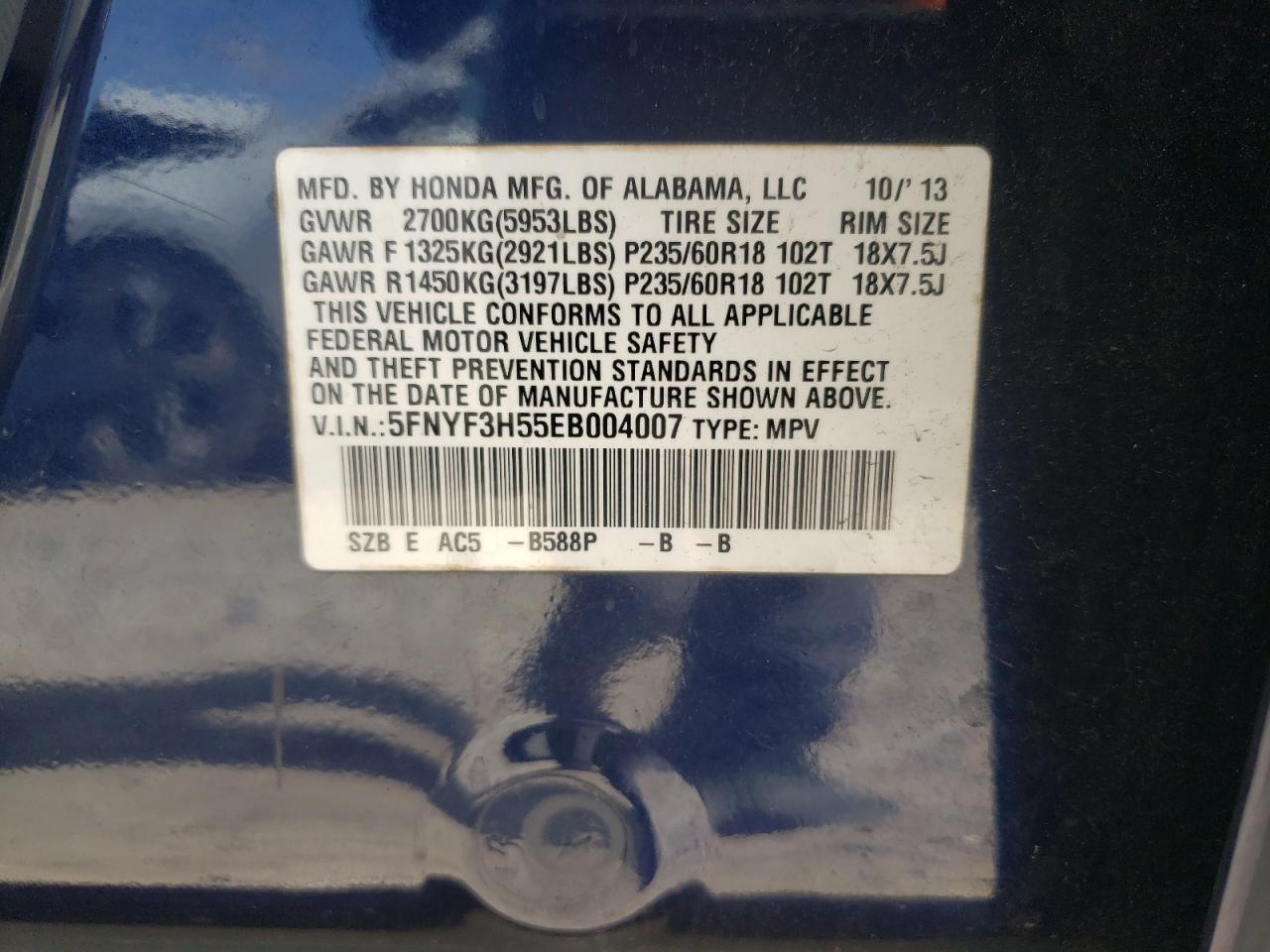 2014 Honda Pilot Exl VIN: 5FNYF3H55EB004007 Lot: 69195064