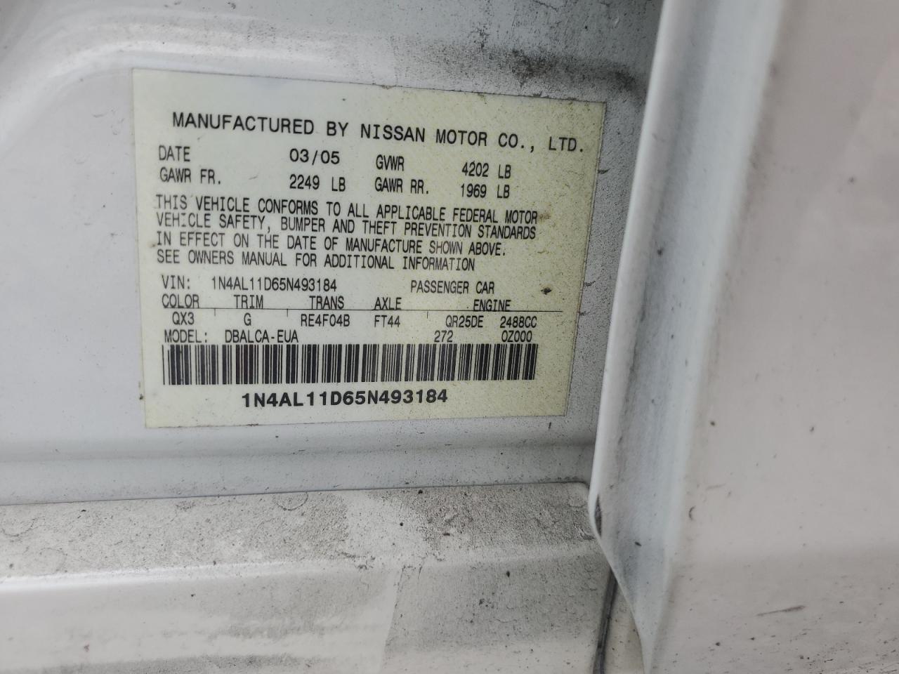 2005 Nissan Altima S VIN: 1N4AL11D65N493184 Lot: 68920644