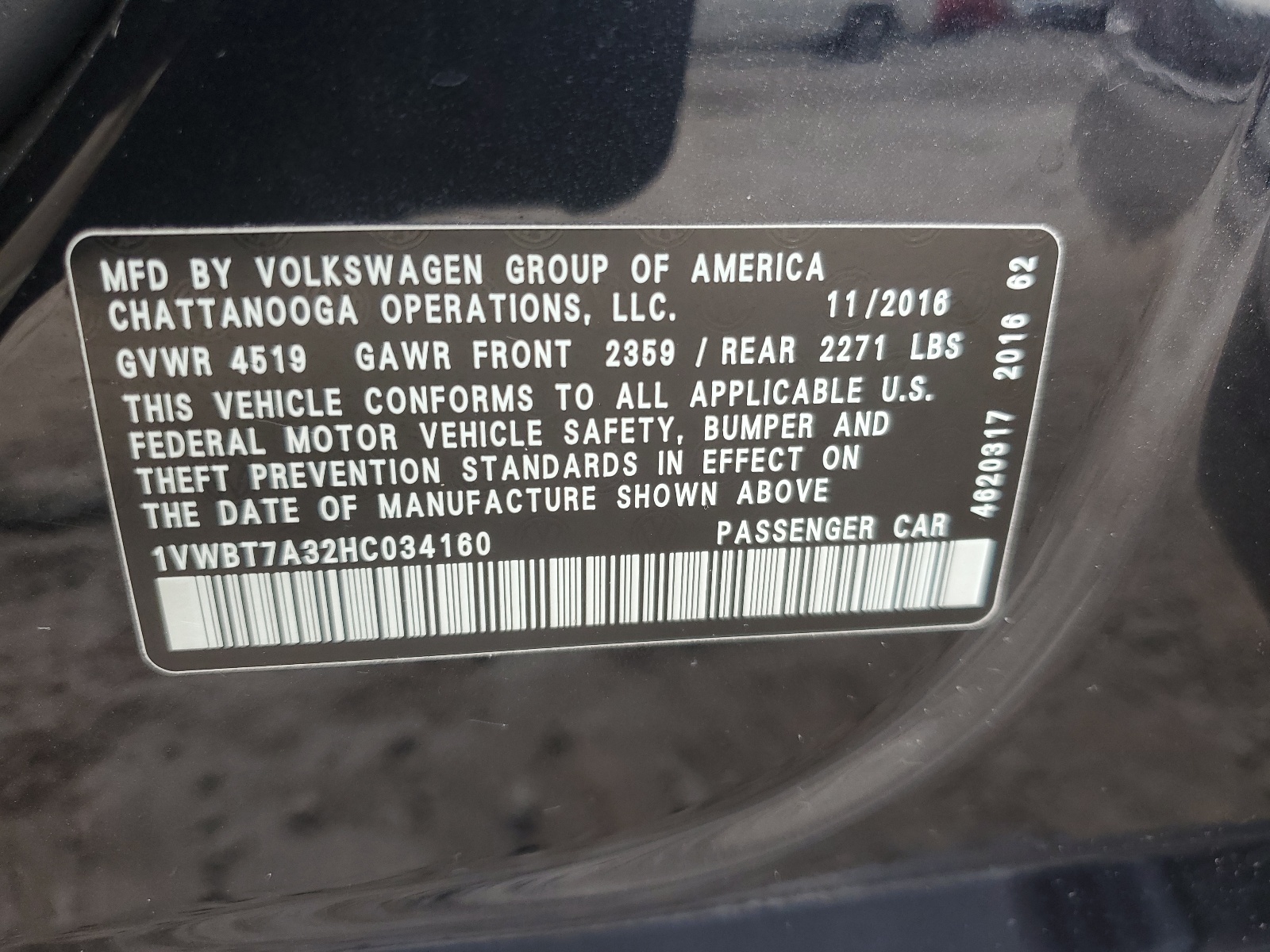 1VWBT7A32HC034160 2017 Volkswagen Passat Se