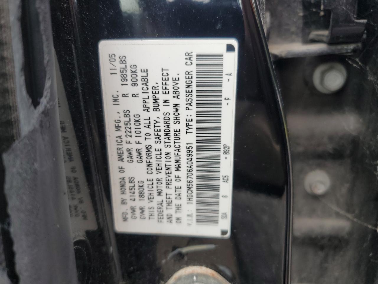 2006 Honda Accord Ex VIN: 1HGCM56706A049951 Lot: 66715894