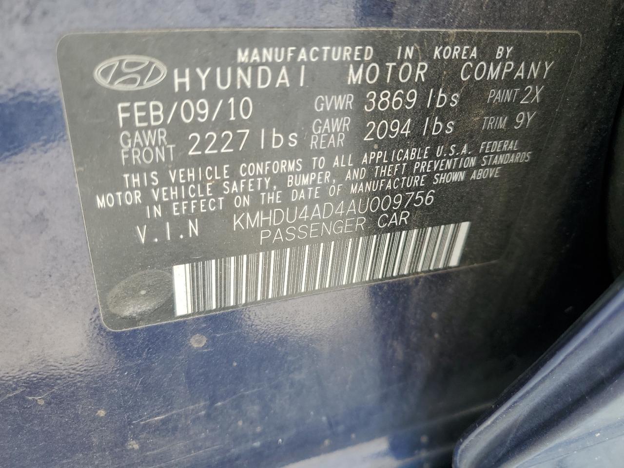 2010 Hyundai Elantra Blue VIN: KMHDU4AD4AU009756 Lot: 66198824