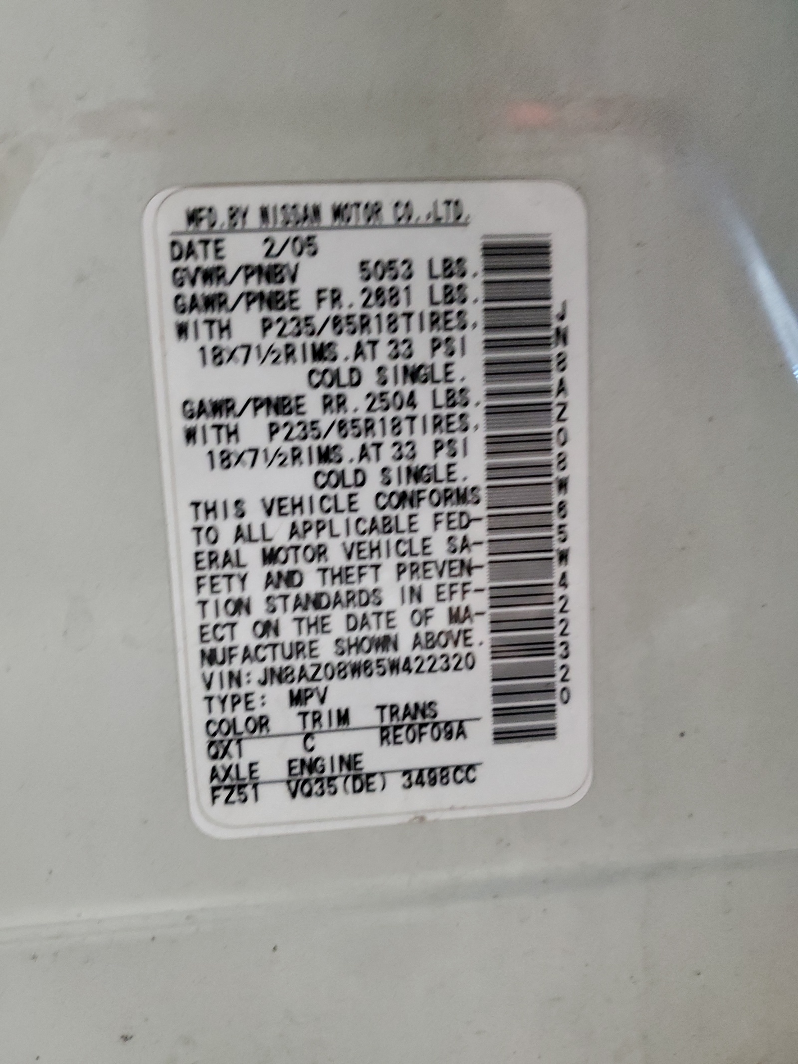 JN8AZ08W65W422320 2005 Nissan Murano Sl