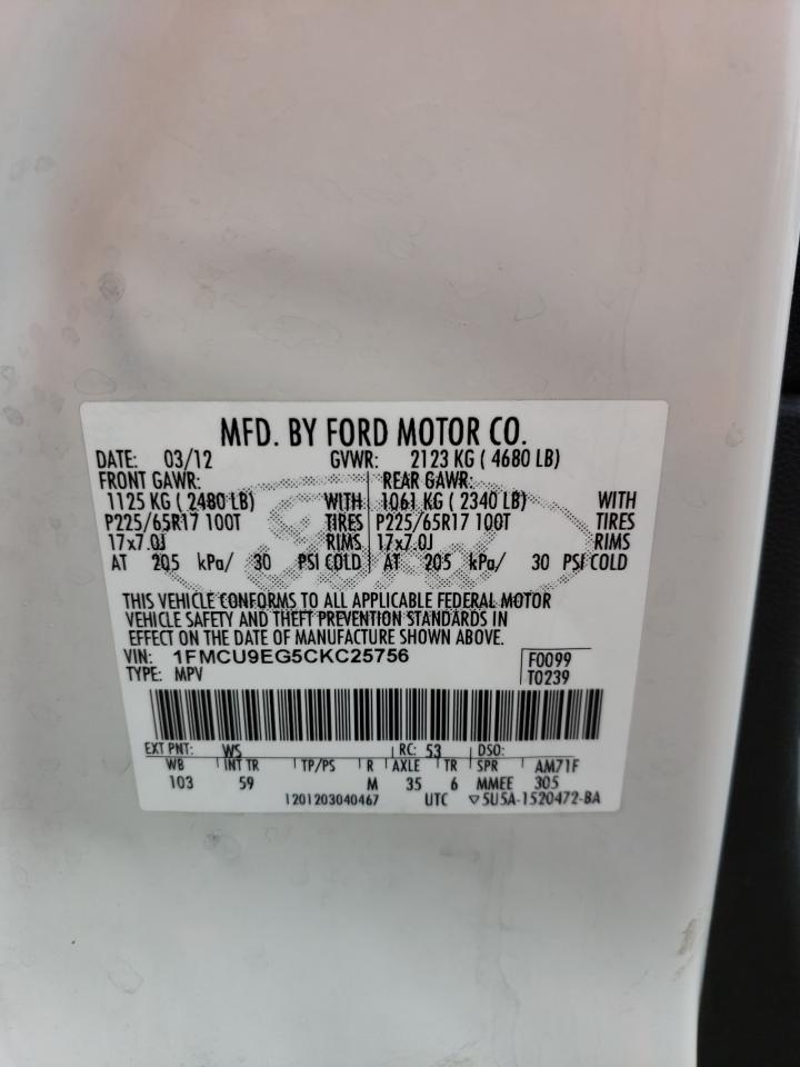 2012 Ford Escape Limited VIN: 1FMCU9EG5CKC25756 Lot: 66526524