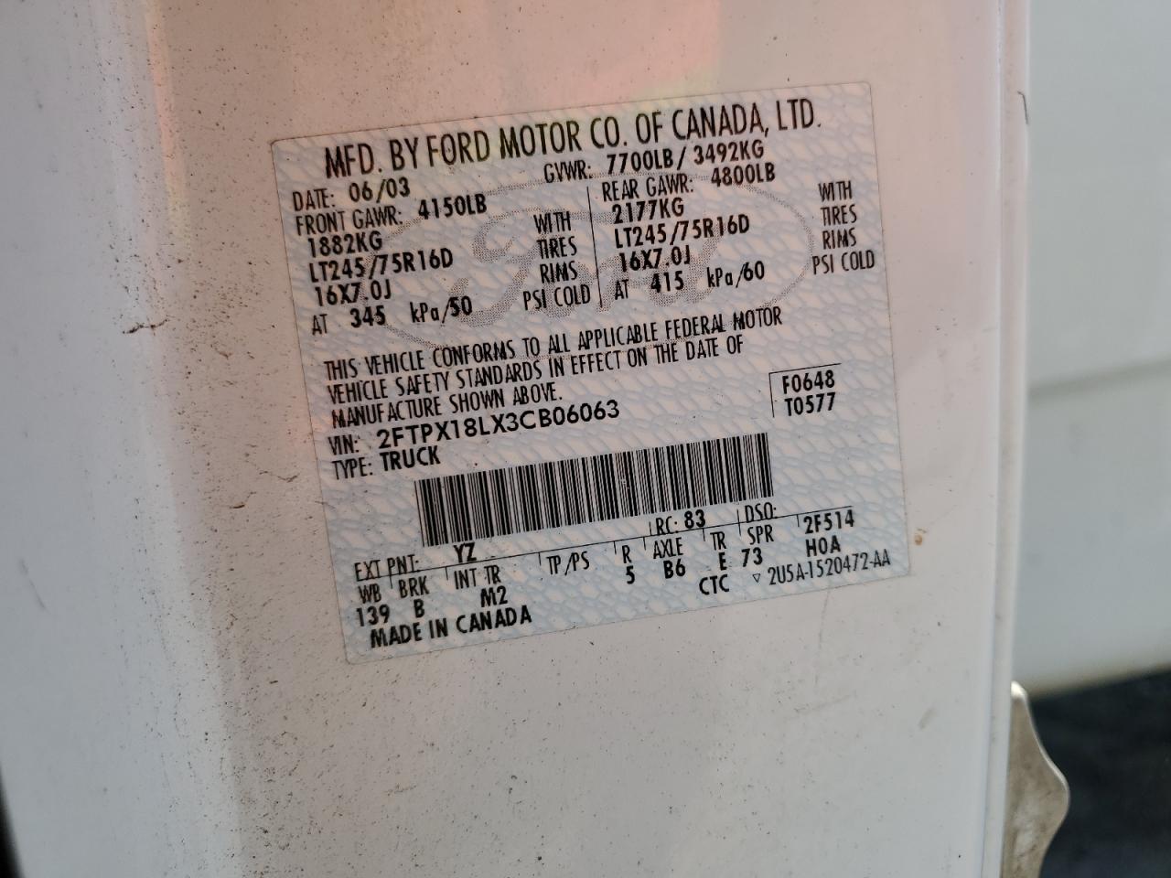 2003 Ford F150 VIN: 2FTPX18LX3CB06063 Lot: 66422534