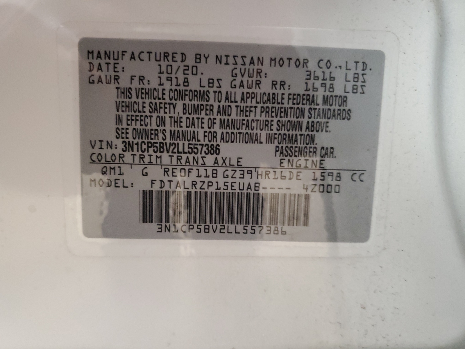 3N1CP5BV2LL557386 2020 Nissan Kicks S