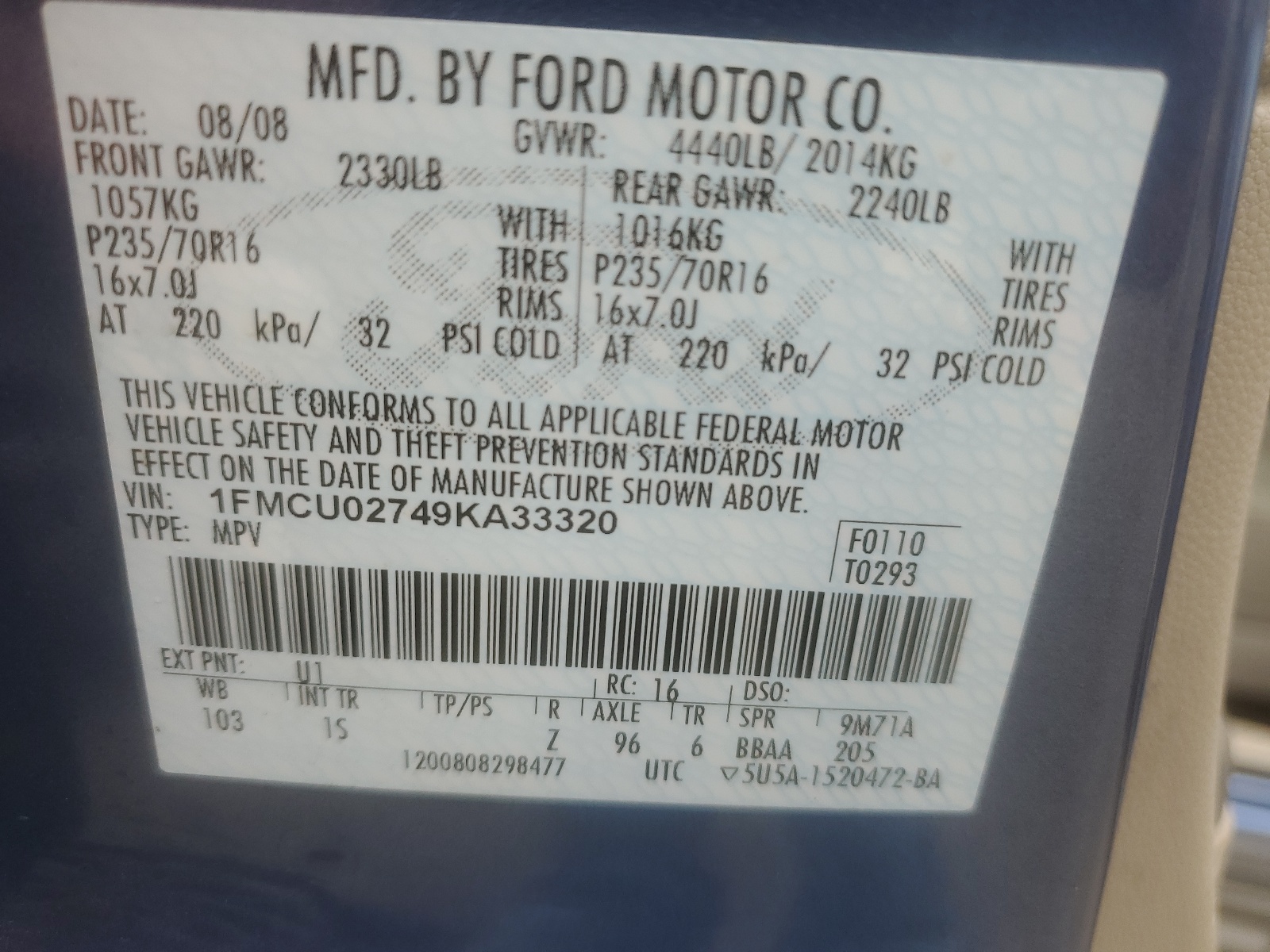 1FMCU02749KA33320 2009 Ford Escape Xls