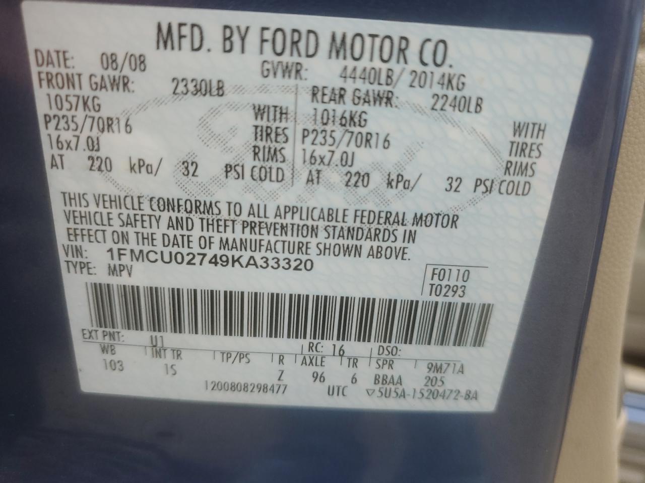 2009 Ford Escape Xls VIN: 1FMCU02749KA33320 Lot: 66565324