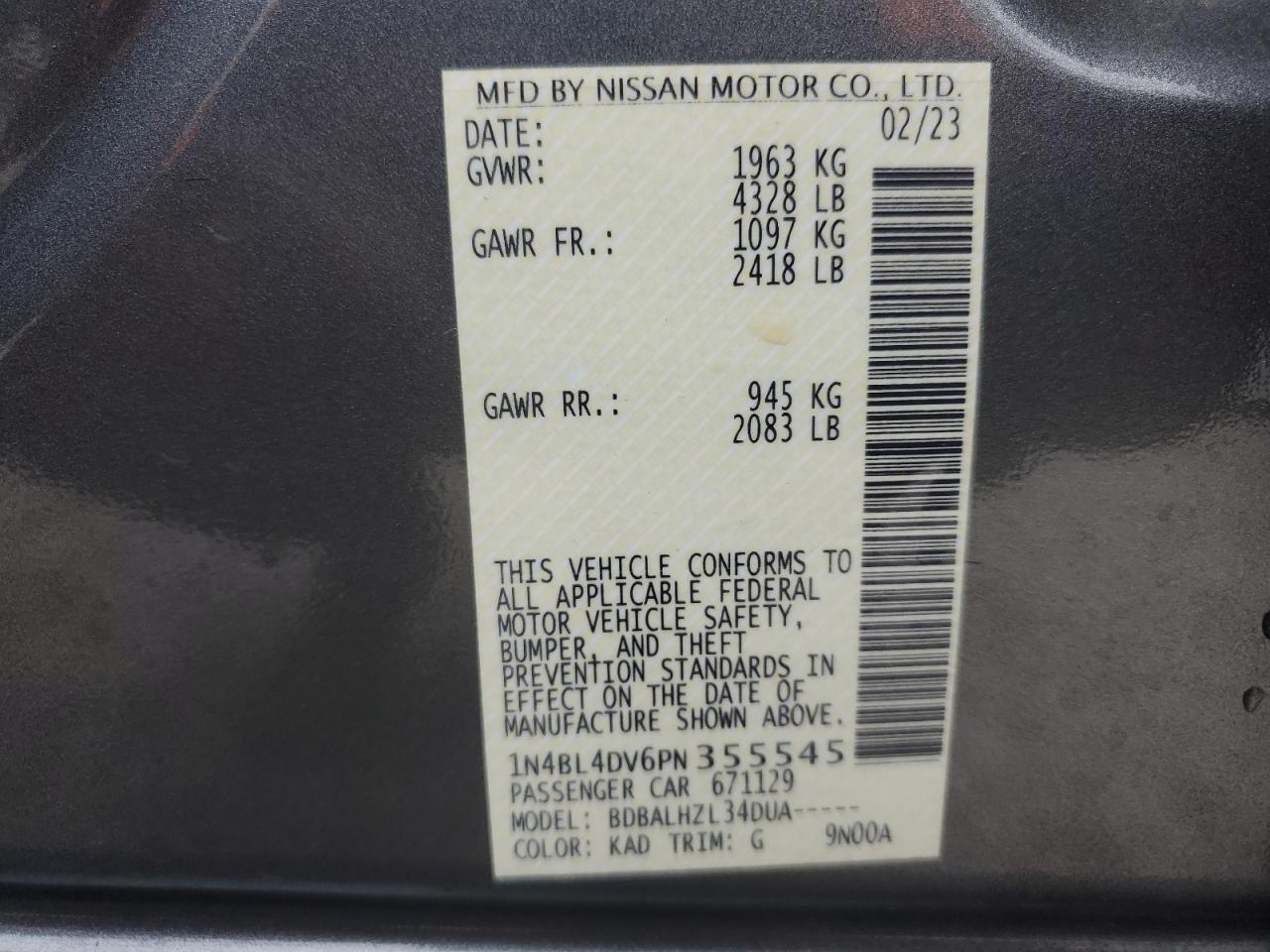 2023 Nissan Altima Sv VIN: 1N4BL4DV6PN355545 Lot: 69540774