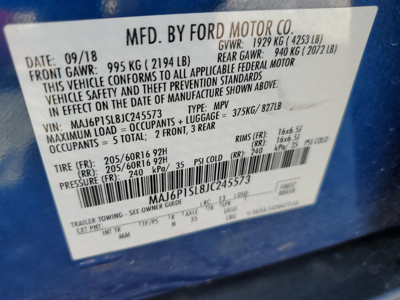 2018 Ford Ecosport S VIN: MAJ6P1SL8JC245573 Lot: 65752384