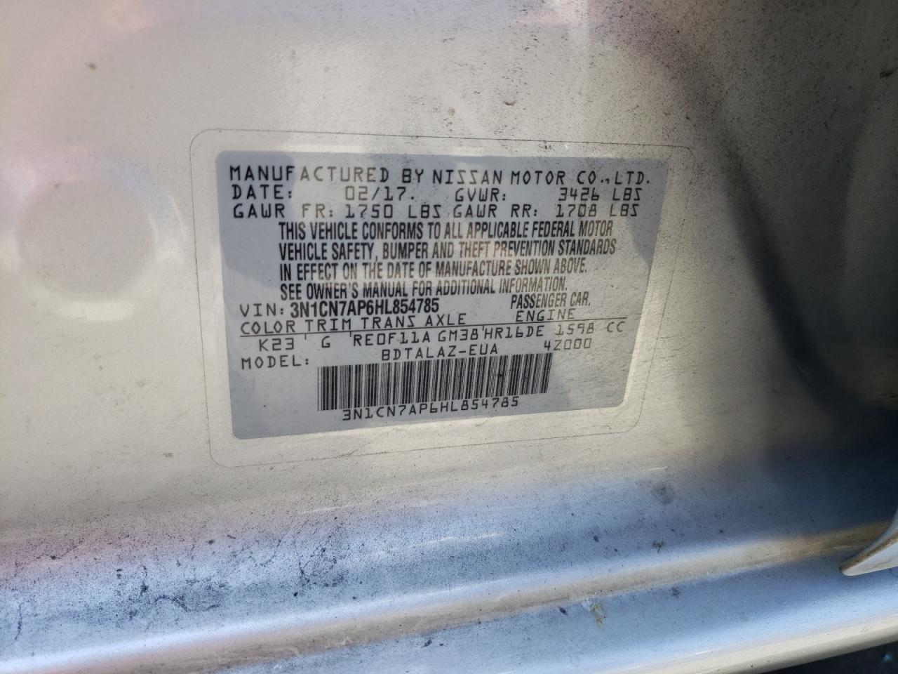 3N1CN7AP6HL854785 2017 Nissan Versa S