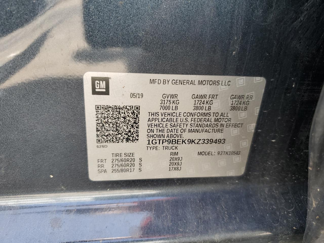 1GTP9BEK9KZ339493 2019 GMC Sierra K1500 Sle