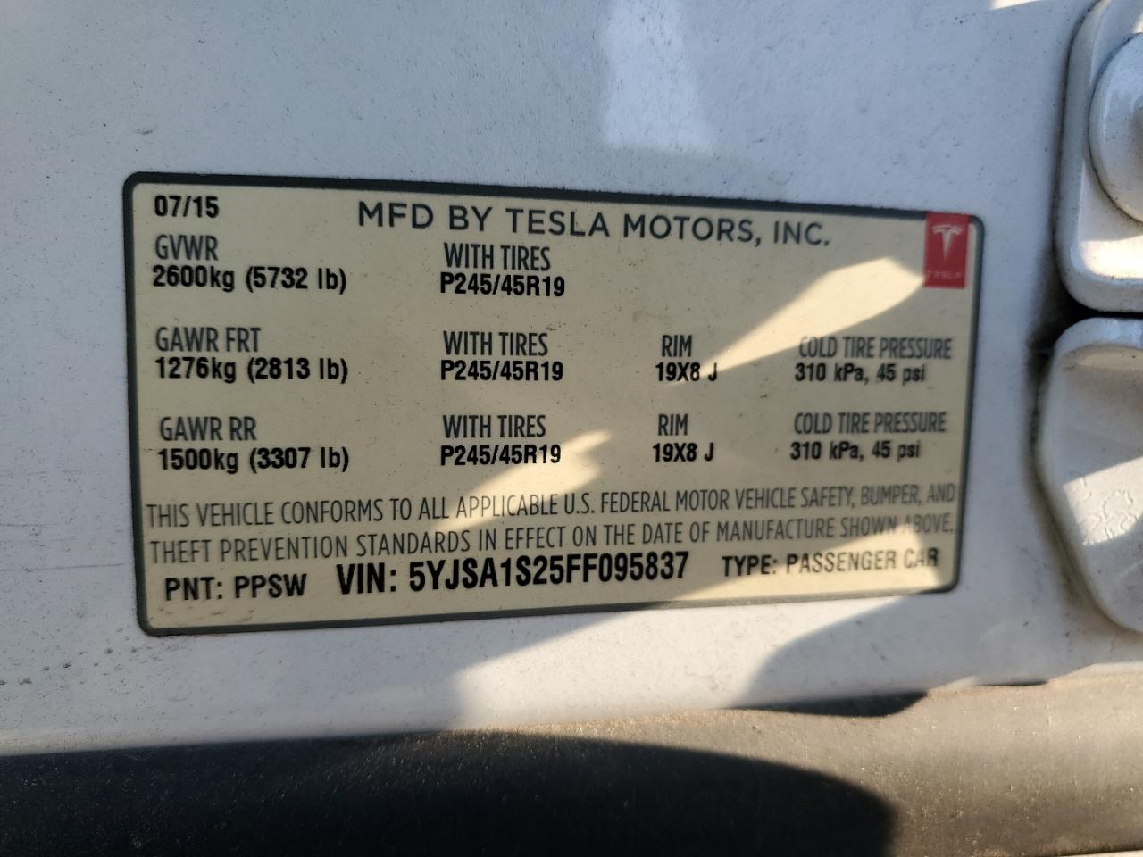 5YJSA1S25FF095837 2015 Tesla Model S 70D