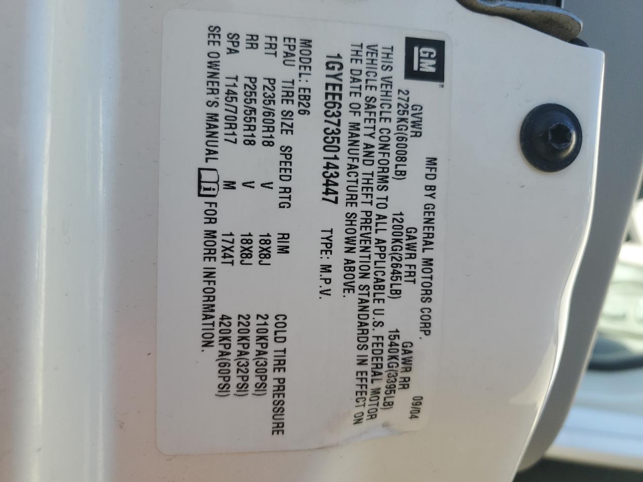 2005 Cadillac Srx VIN: 1GYEE637350143447 Lot: 67392184