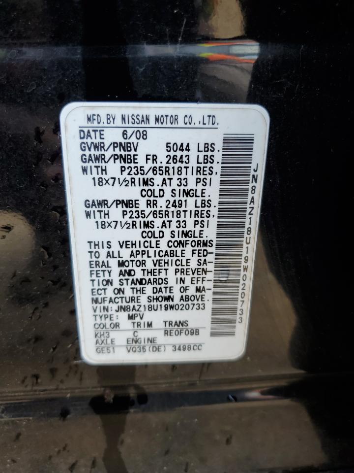 2009 Nissan Murano S VIN: JN8AZ18U19W020733 Lot: 66002314
