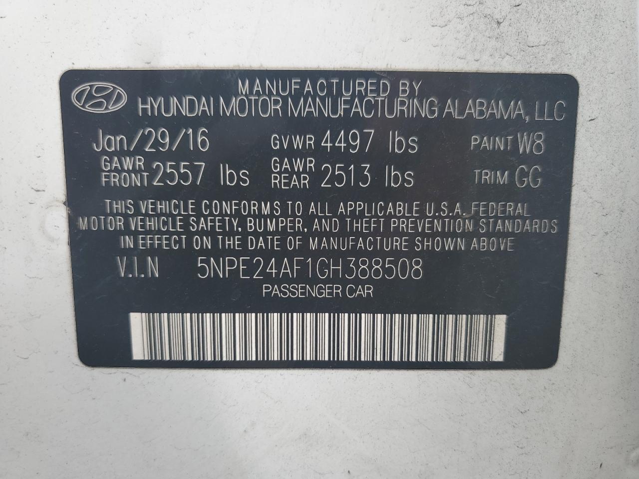 2016 Hyundai Sonata Se VIN: 5NPE24AF1GH388508 Lot: 67345394