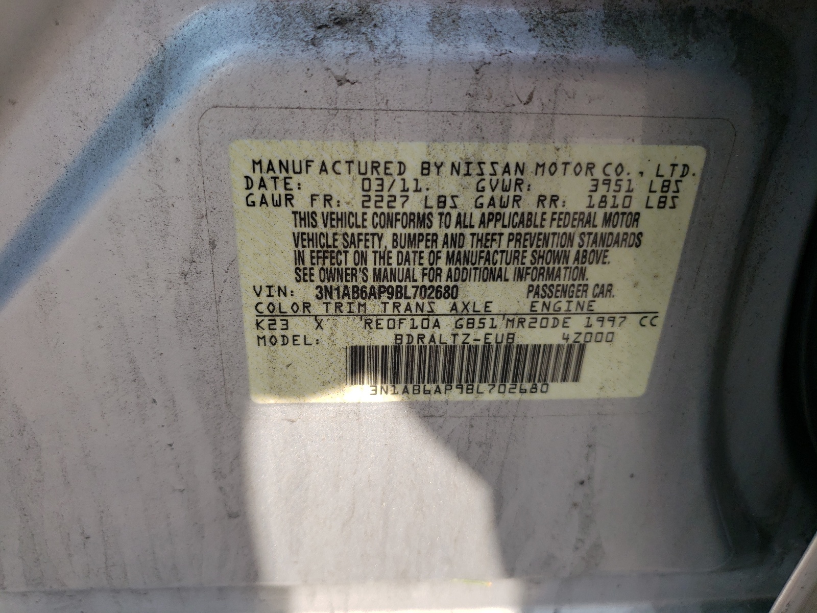 3N1AB6AP9BL702680 2011 Nissan Sentra 2.0