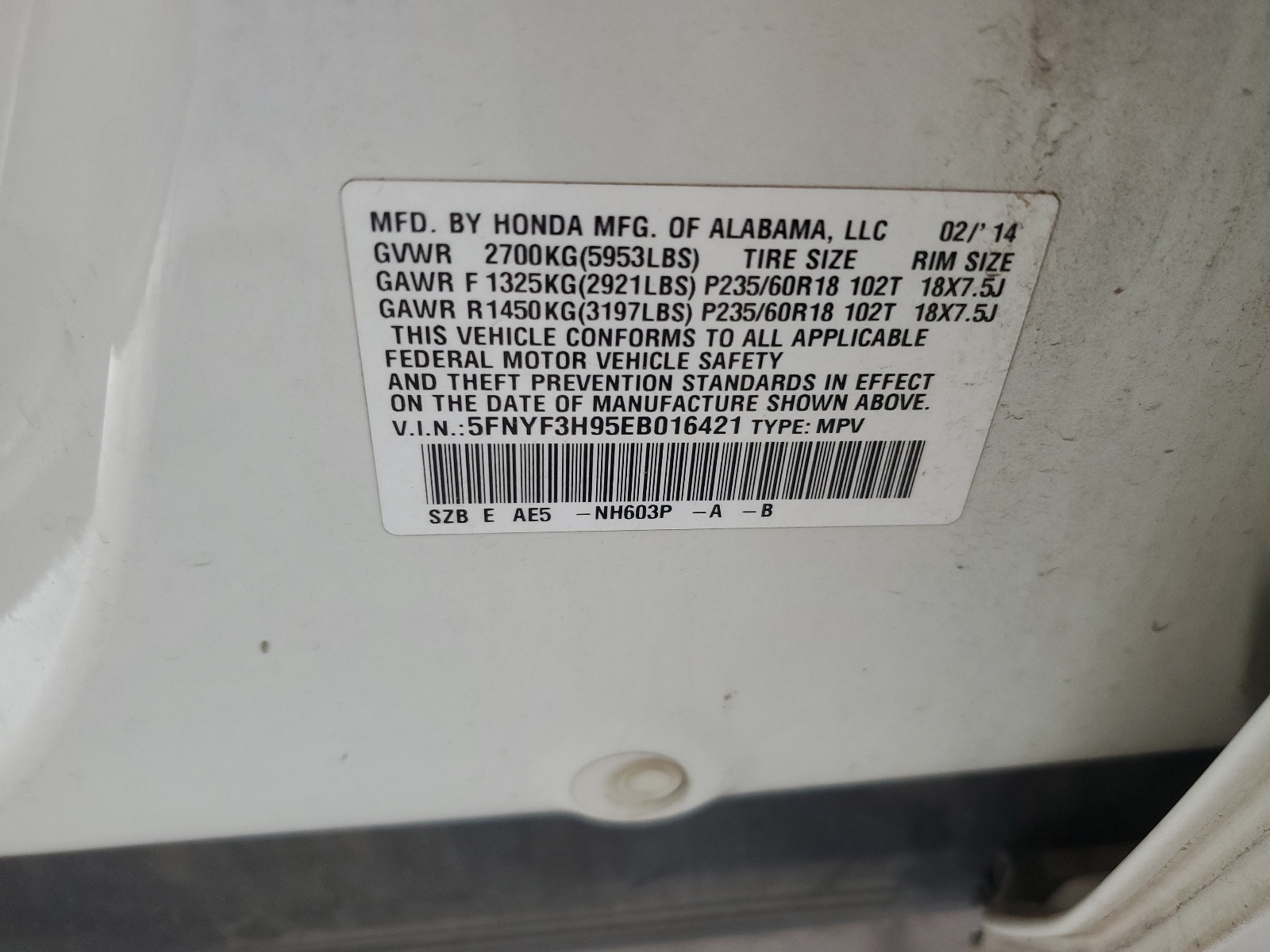 5FNYF3H95EB016421 2014 Honda Pilot Touring