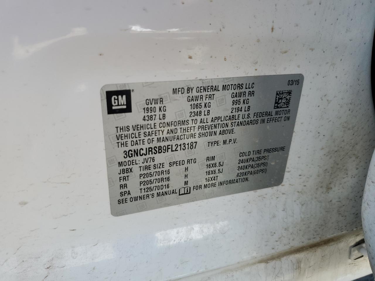 2015 Chevrolet Trax 1Lt VIN: 3GNCJRSB9FL213187 Lot: 65696684