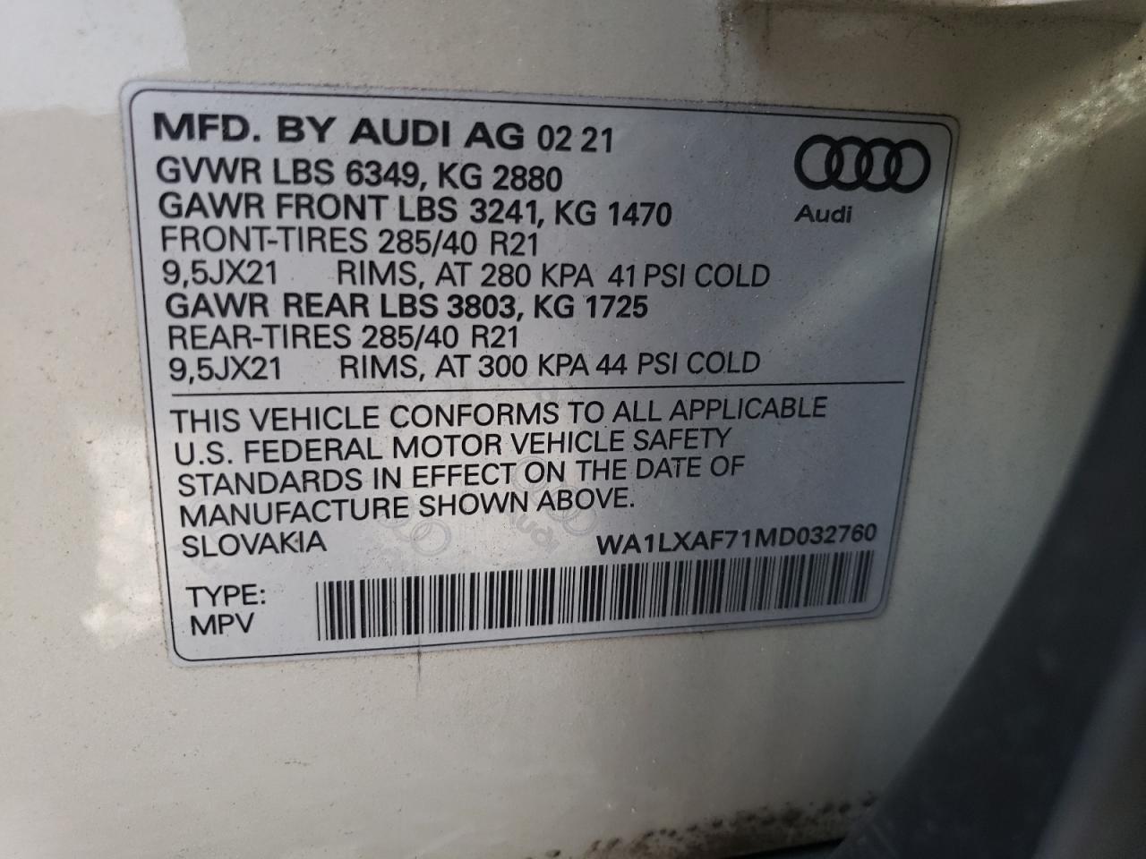 2021 Audi Q7 Premium Plus VIN: WA1LXAF71MD032760 Lot: 68845324