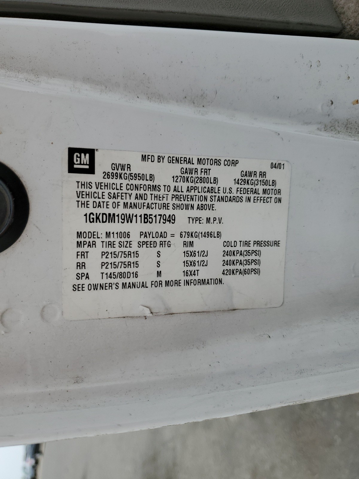 1GKDM19W11B517949 2001 GMC Safari Xt