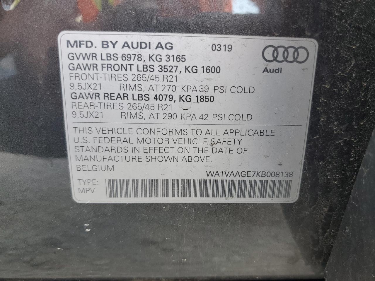 WA1VAAGE7KB008138 2019 Audi E-Tron Prestige