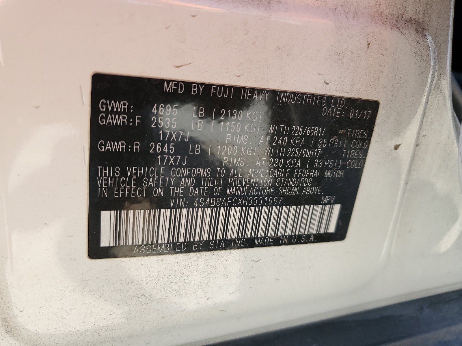 4S4BSAFCXH3331667 2017 Subaru Outback 2.5I Premium