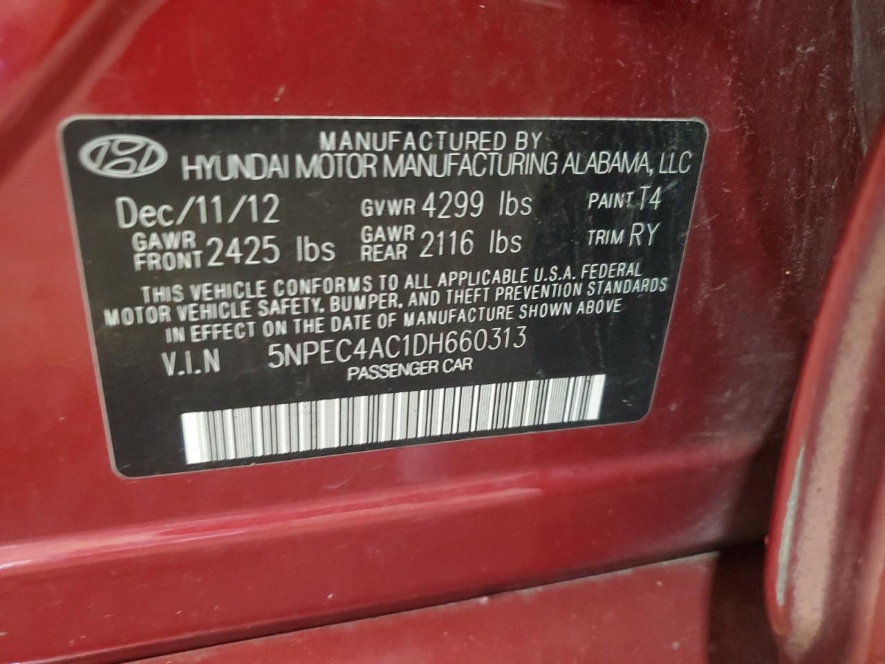 2013 Hyundai Sonata Se VIN: 5NPEC4AC1DH660313 Lot: 65317394