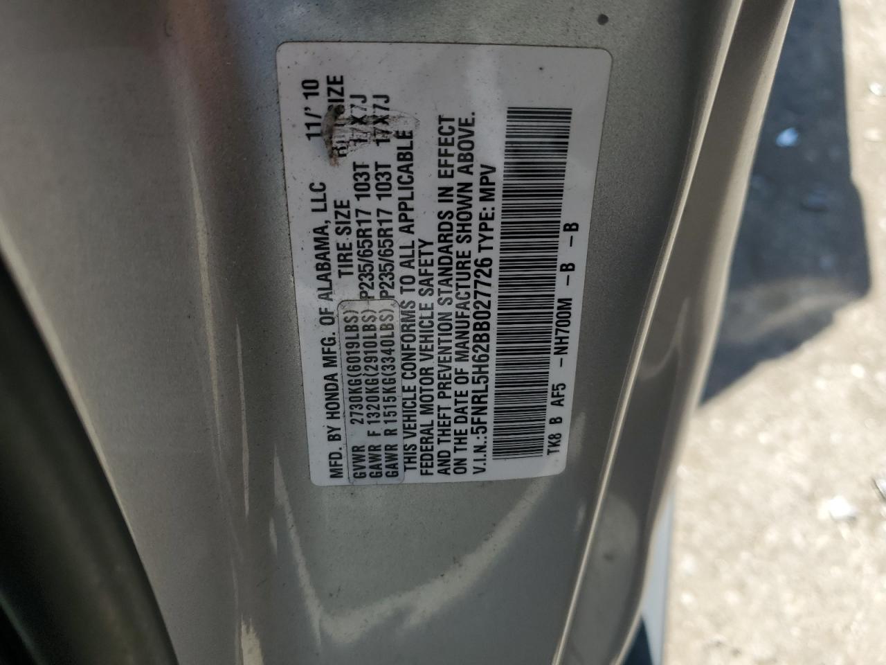 5FNRL5H62BB027726 2011 Honda Odyssey Exl