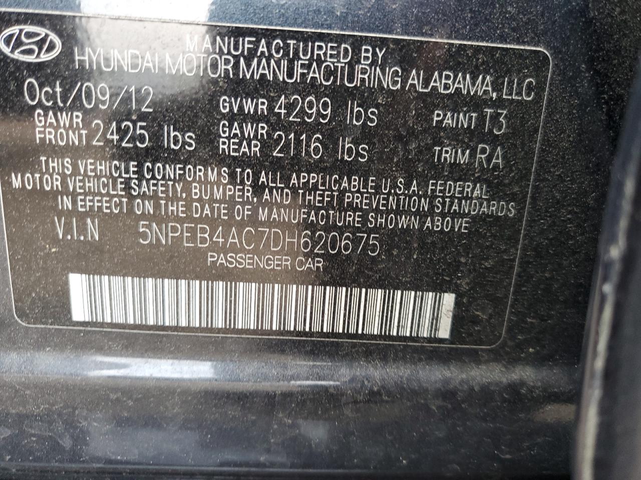 2013 Hyundai Sonata Gls VIN: 5NPEB4AC7DH620675 Lot: 65793264