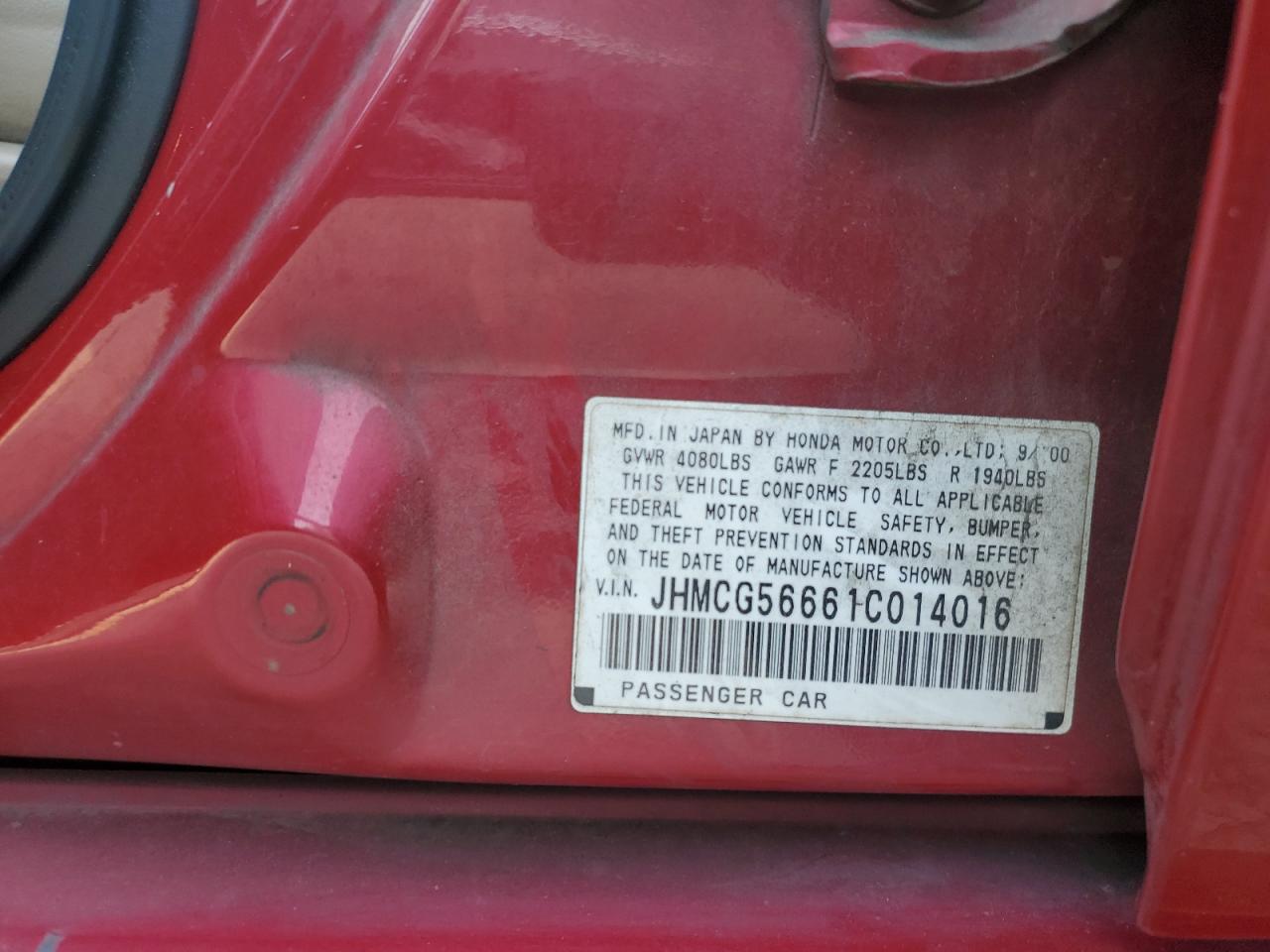 2001 Honda Accord Ex VIN: JHMCG56661C014016 Lot: 66701704