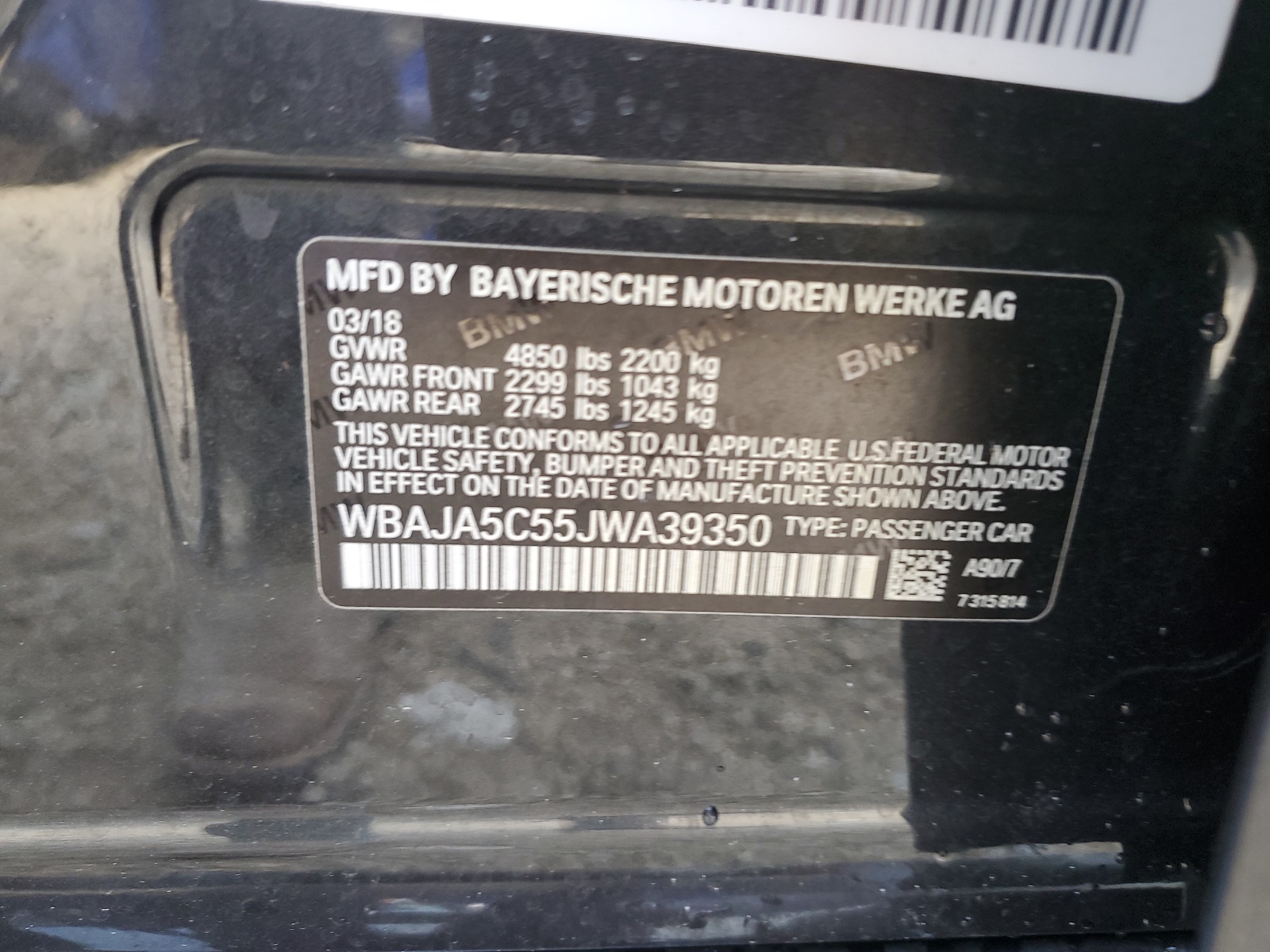 WBAJA5C55JWA39350 2018 BMW 530 I