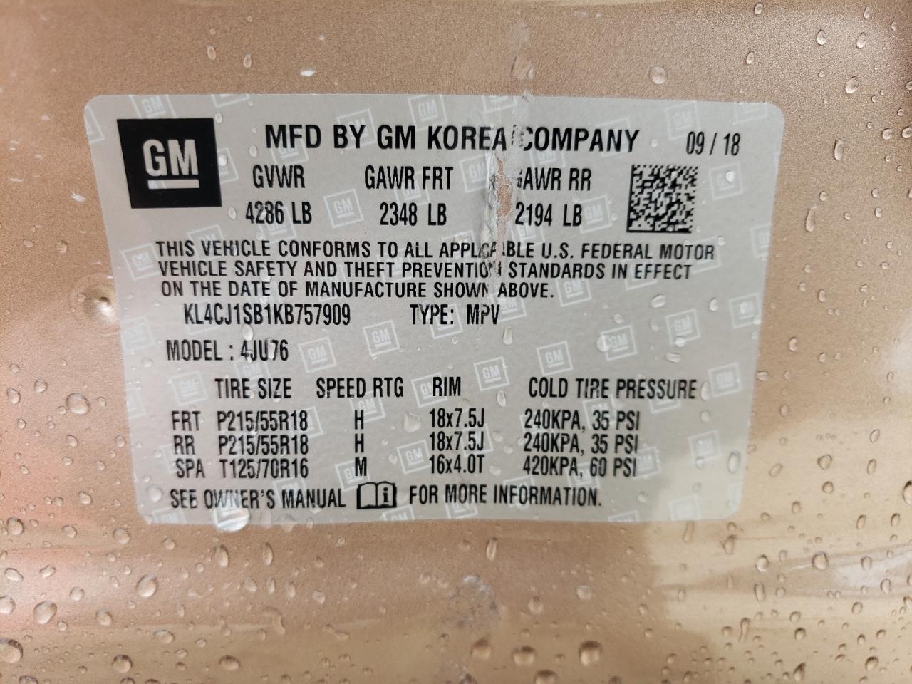 2019 Buick Encore Sport Touring VIN: KL4CJ1SB1KB757909 Lot: 65921514