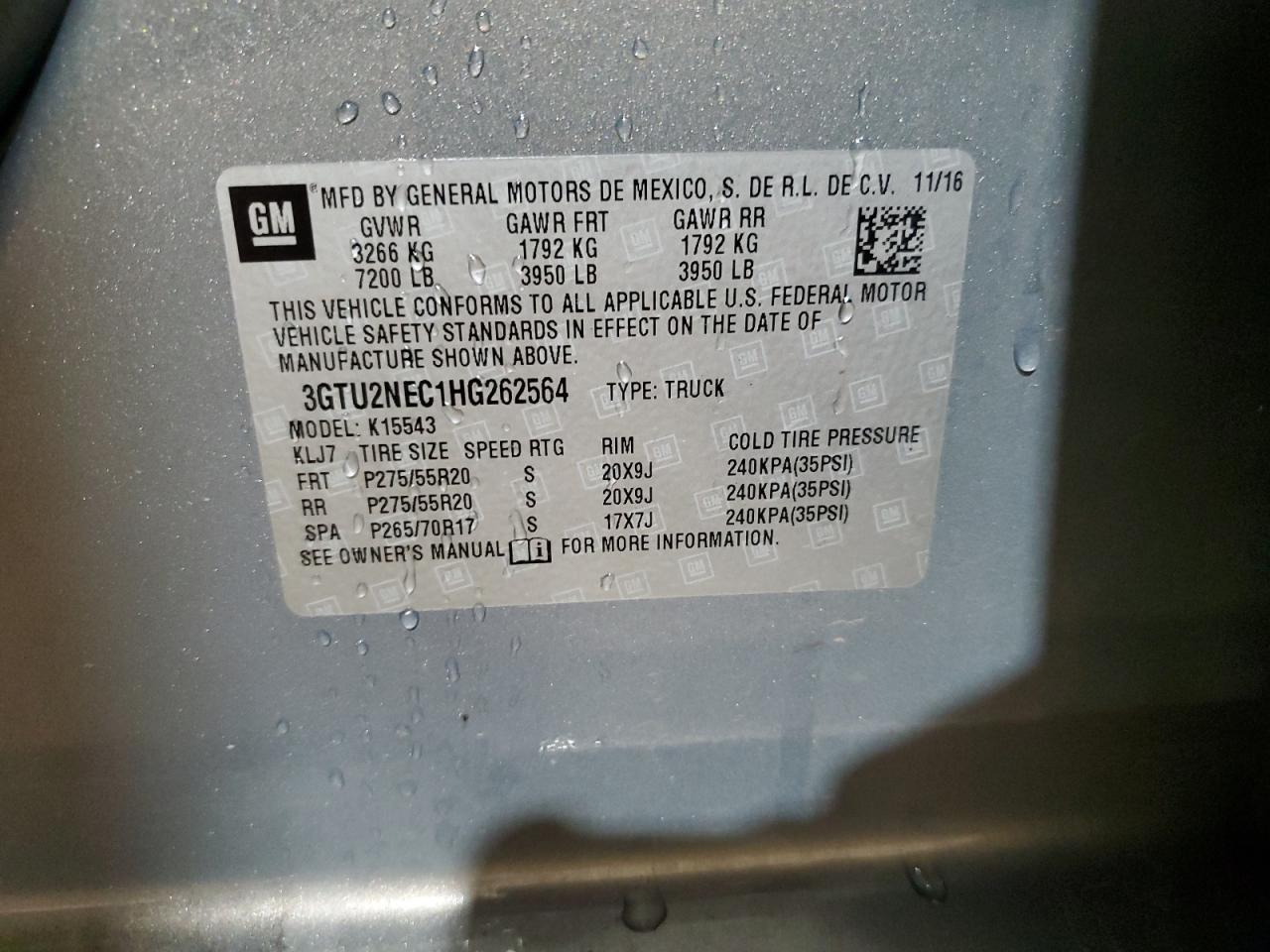 2017 GMC Sierra K1500 Slt VIN: 3GTU2NEC1HG262564 Lot: 67340214