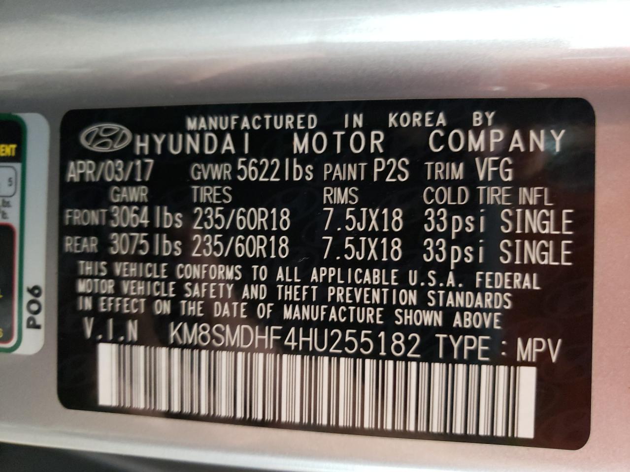 KM8SMDHF4HU255182 2017 Hyundai Santa Fe Se