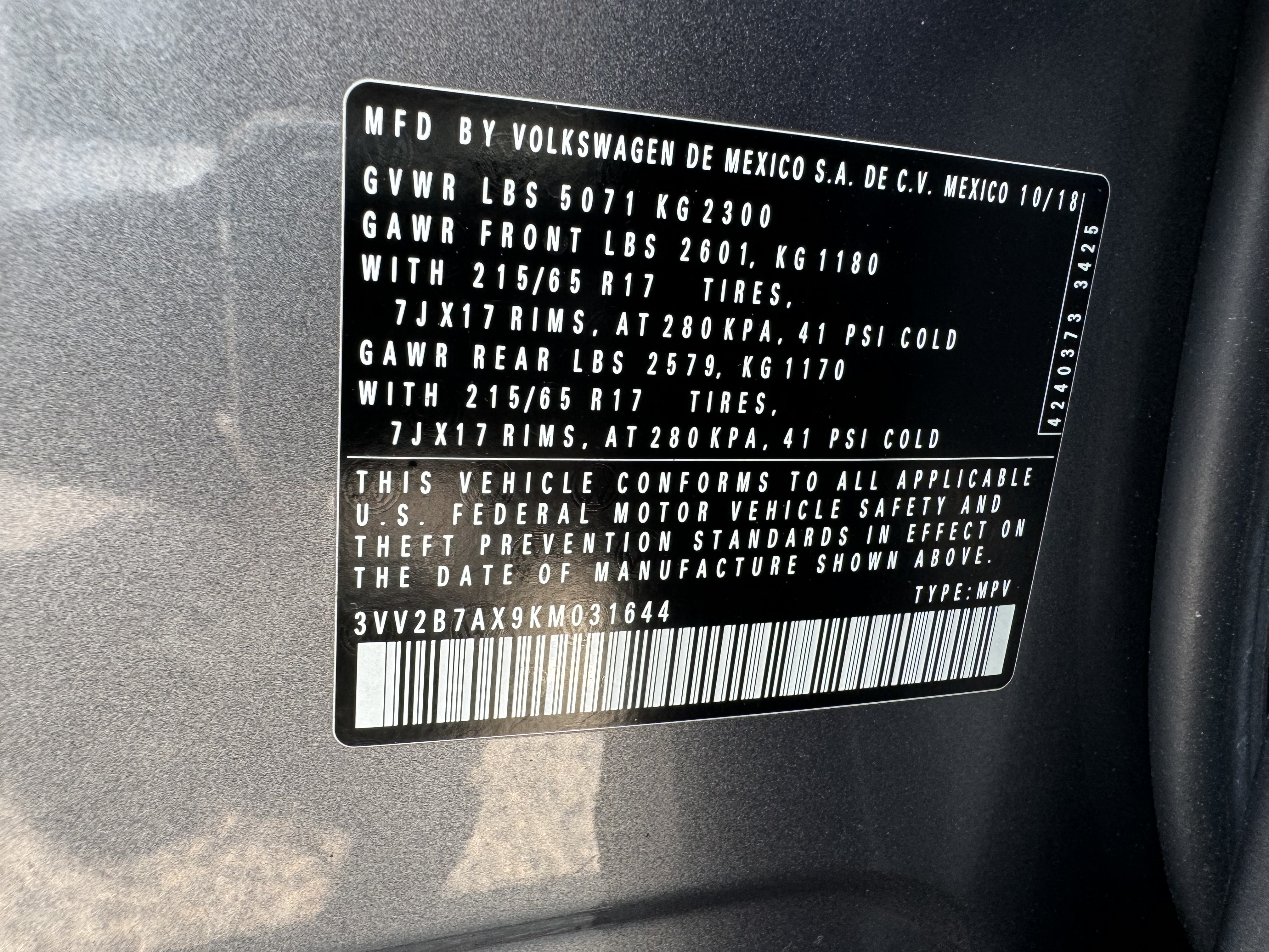 3VV2B7AX9KM031644 2019 Volkswagen Tiguan Se