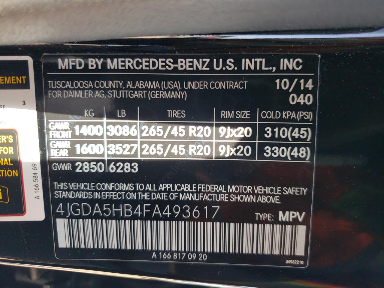 2015 Mercedes-Benz Ml 350 4Matic VIN: 4JGDA5HB4FA493617 Lot: 67346554