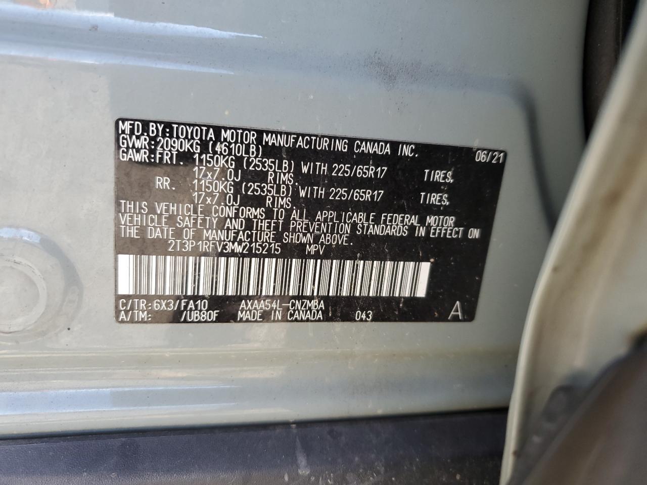 2T3P1RFV3MW215215 2021 Toyota Rav4 Xle