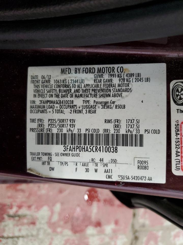 2012 Ford Fusion Se VIN: 3FAHP0HA5CR410038 Lot: 67243374