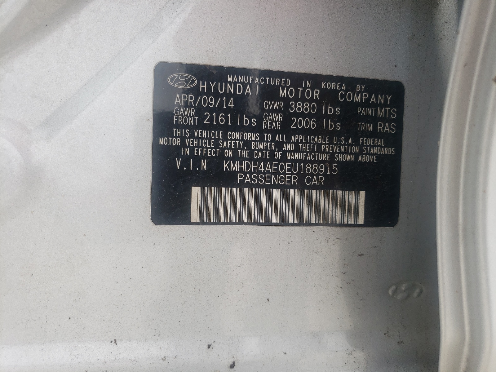 KMHDH4AE0EU188915 2014 Hyundai Elantra Se