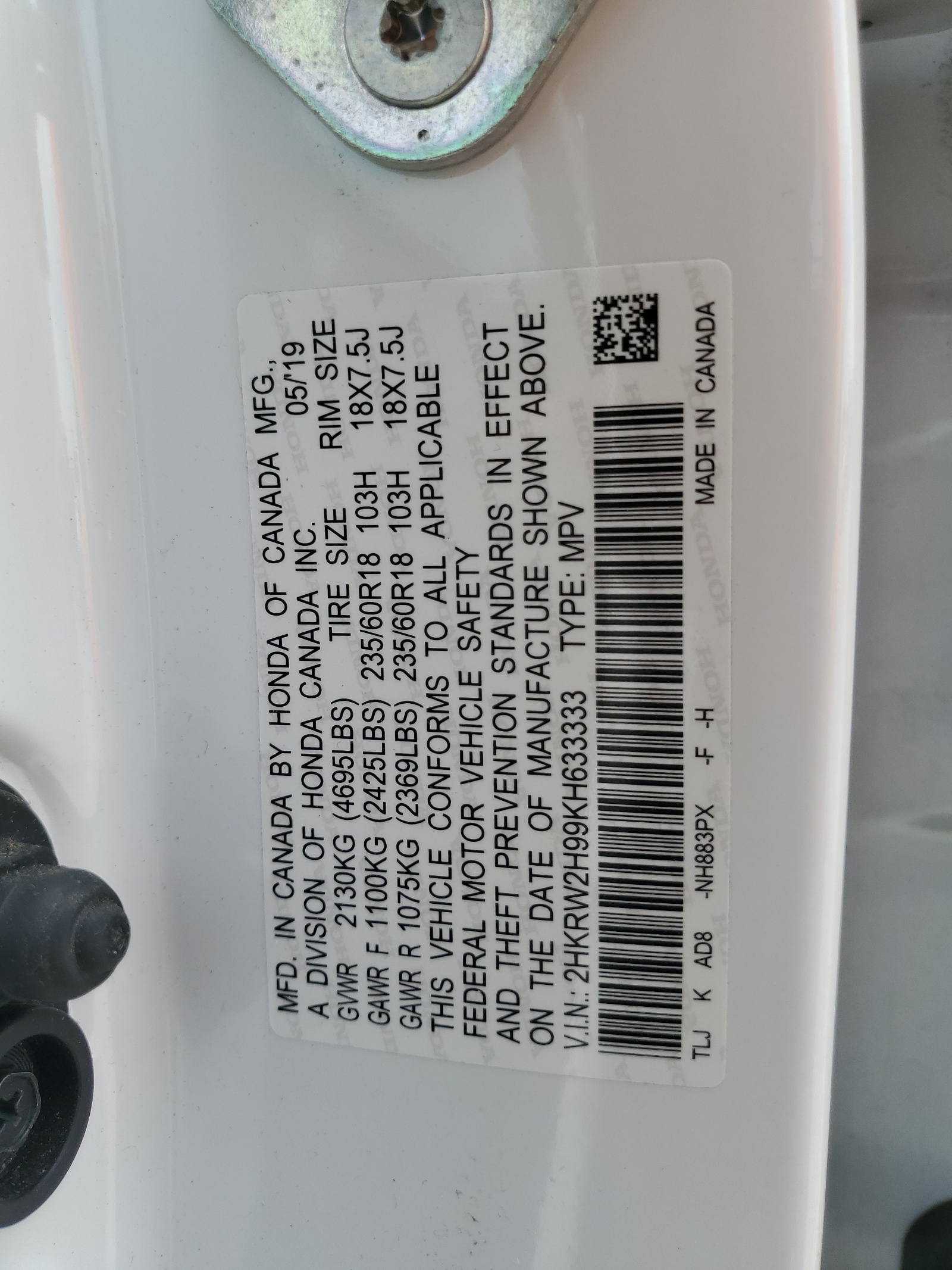 2HKRW2H99KH633333 2019 Honda Cr-V Touring