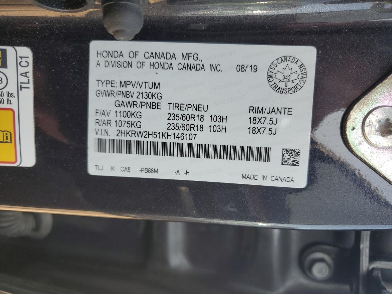 2019 Honda Cr-V Ex VIN: 2HKRW2H51KH146107 Lot: 67036294