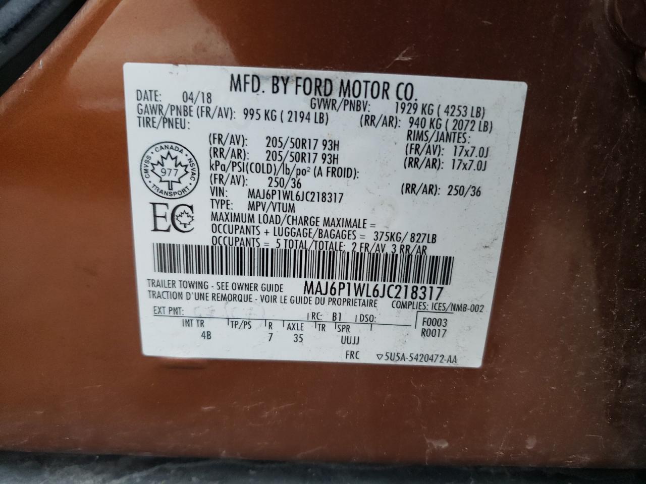 2018 Ford Ecosport Titanium VIN: MAJ6P1WL6JC218317 Lot: 61474794