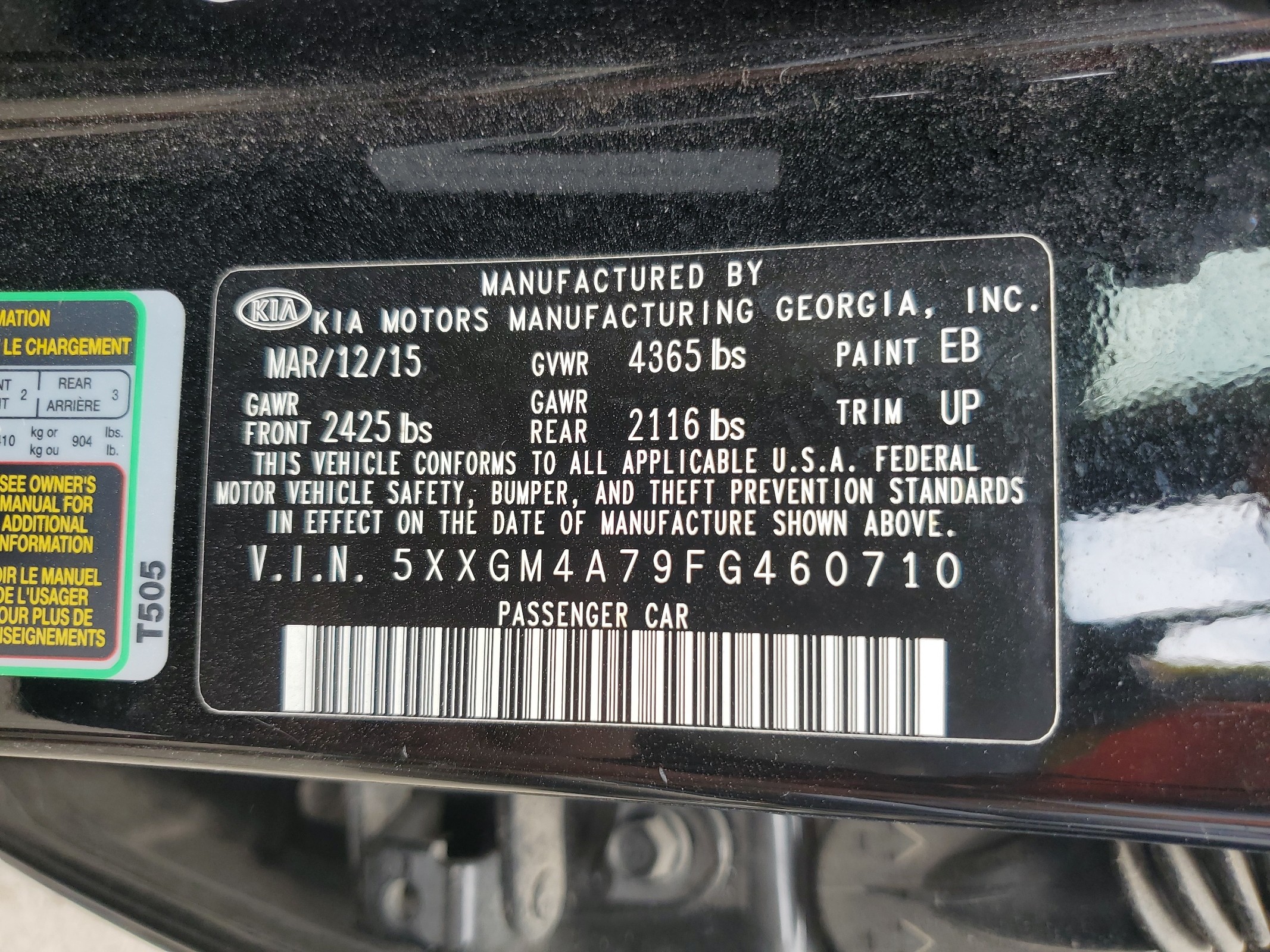 5XXGM4A79FG460710 2015 Kia Optima Lx