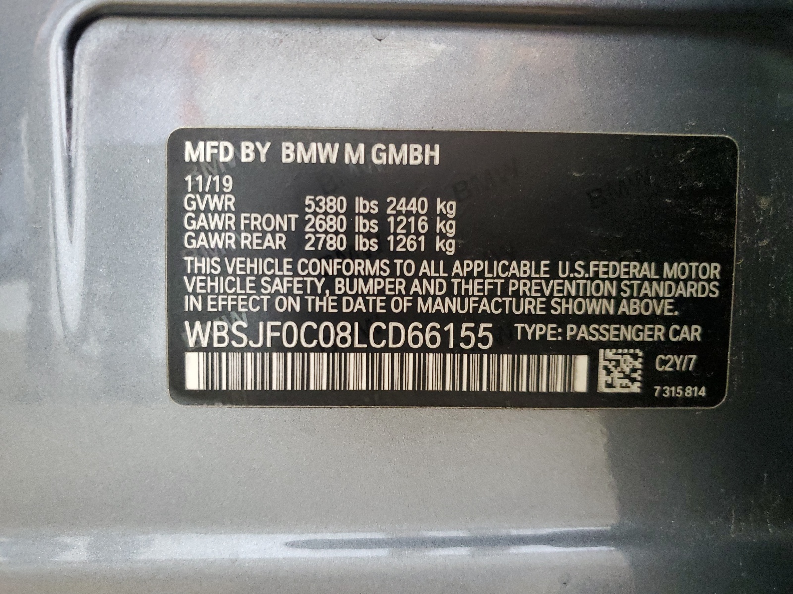 WBSJF0C08LCD66155 2020 BMW M5 Base