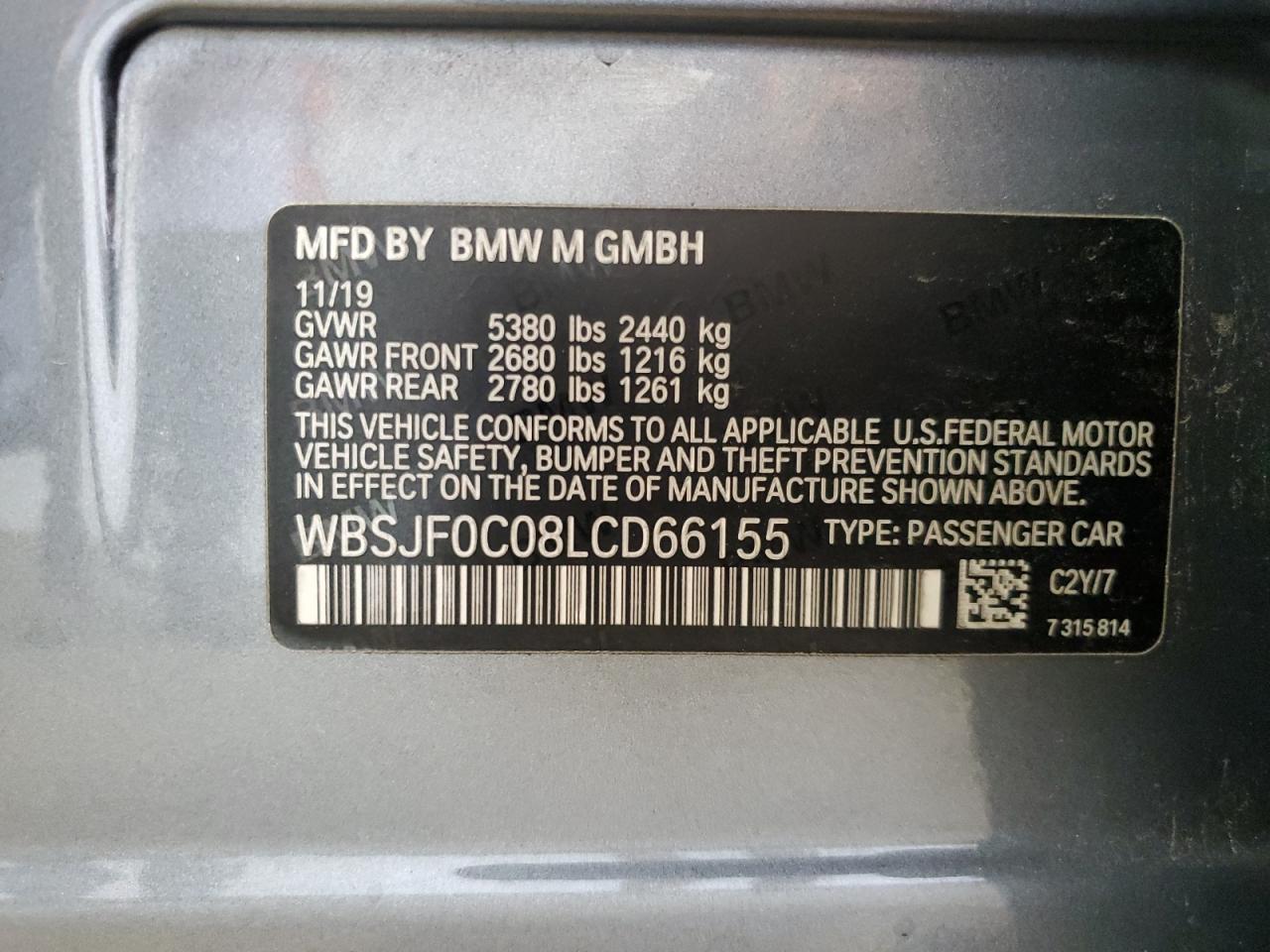 2020 BMW M5 Base VIN: WBSJF0C08LCD66155 Lot: 68763574