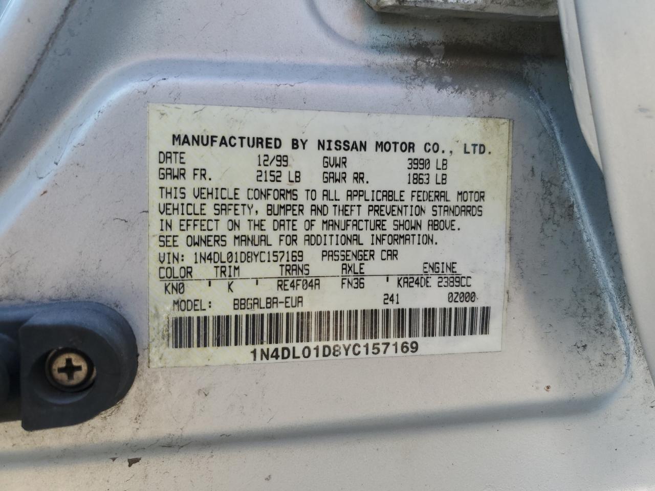 1N4DL01D8YC157169 2000 Nissan Altima Xe