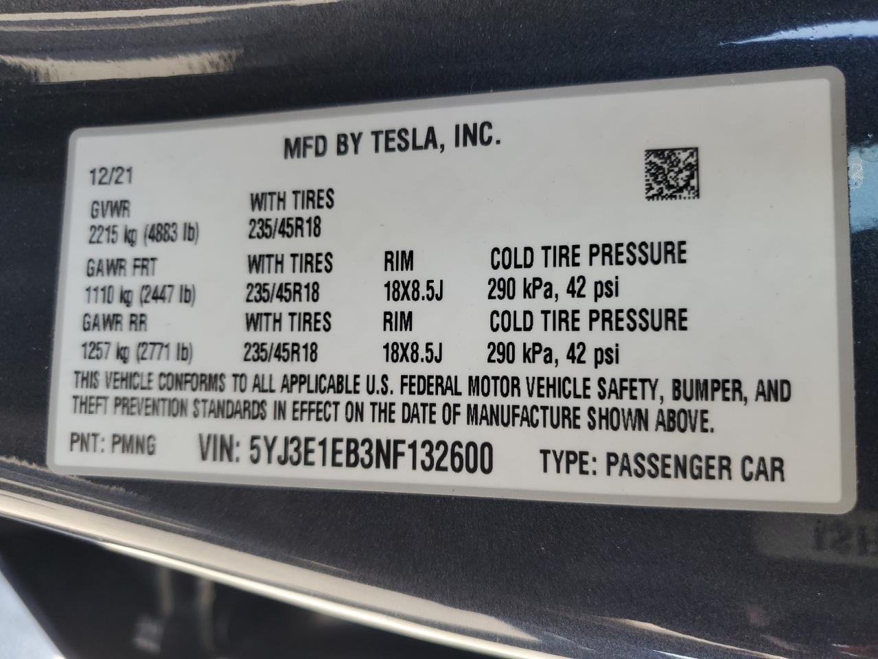 2022 Tesla Model 3 VIN: 5YJ3E1EB3NF132600 Lot: 65465694